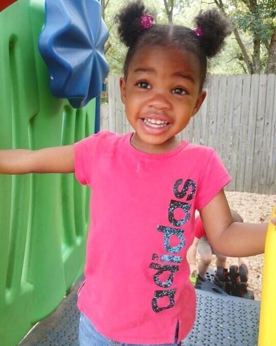 Girl with pigtails smiling on playground equipment